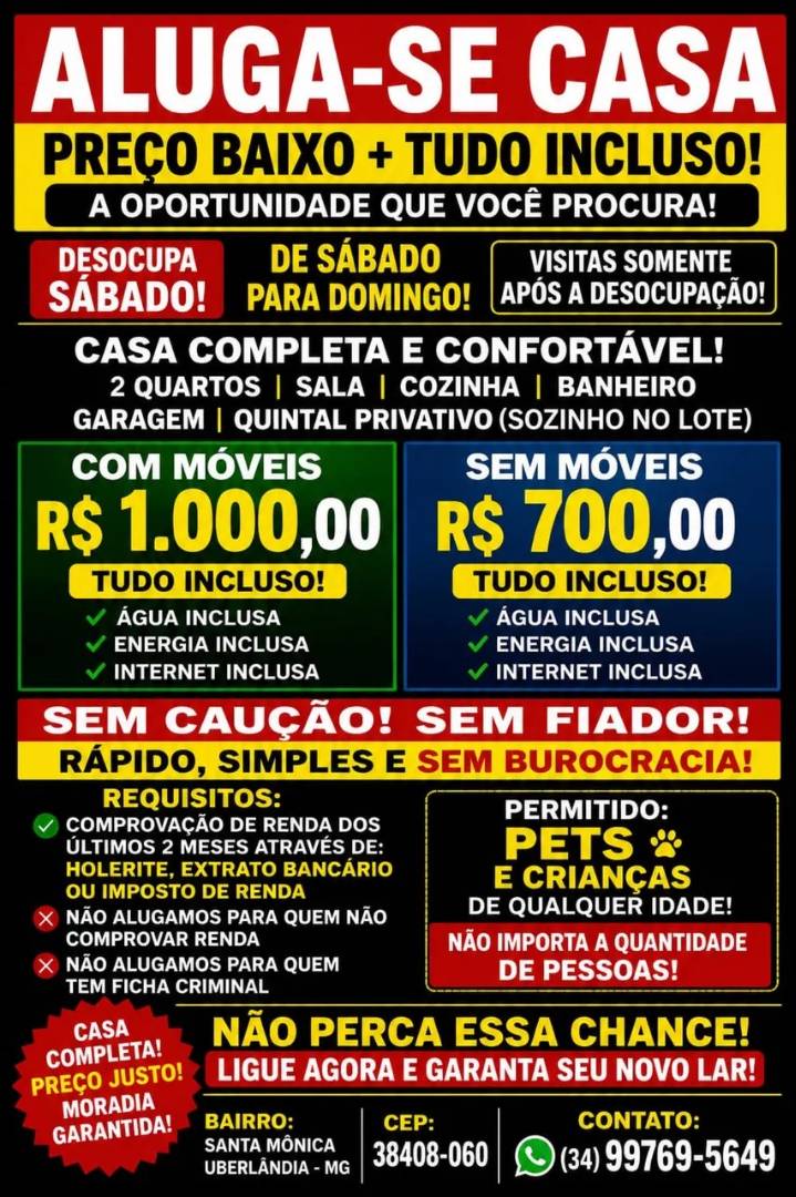ALUGA-SE CASA SANTA MÔNICA | Uberlândia- MG